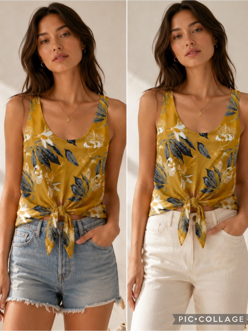 Babaton Aritzia Mustard Botanical Floral Tie Front Tank Top Small Stretch Crop